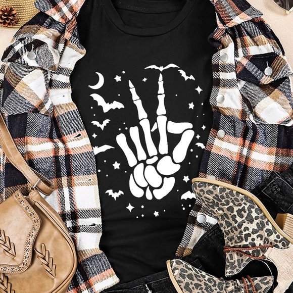 Black Halloween Bat & Skeleton Hand Graphic Tee - Picture 11 of 12